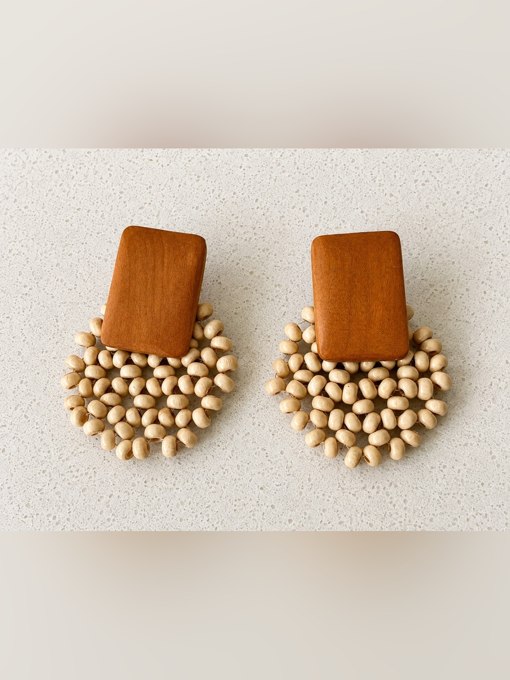 Handmade Woven Geometric Wood Bead Drop Earrings